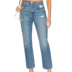 FRAME Le Original Distressed High Waisted Button Fly Straight Leg Denim Jeans